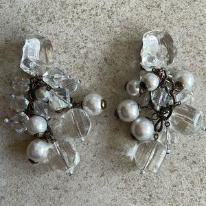 Evening earrings with plastic crystals, cultured pearls & clip-on backings.